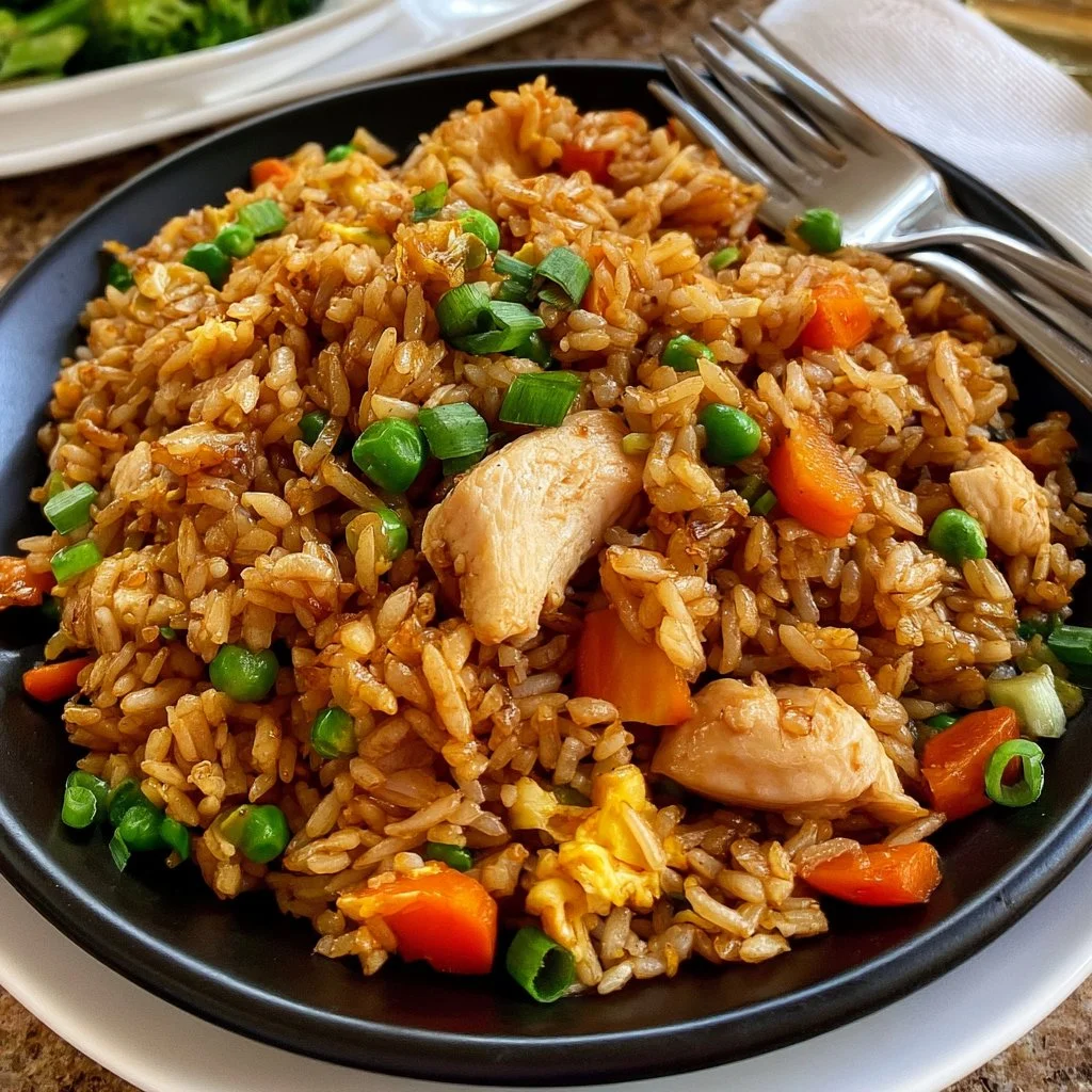 Delicious restaurant-style chicken fried rice with colorful vegetables and chicken pieces