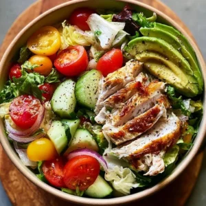 A bowl of simple rotisserie chicken salad with fresh ingredients