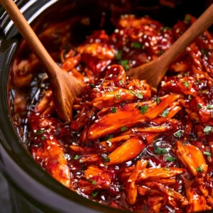 Plate of slow cooker honey garlic chicken served with rice and vegetables