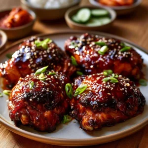 Sticky Korean Gochujang Chicken Thighs served with rice and vegetables