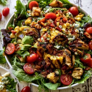 Delicious summer chicken salad with bacon and fresh ingredients