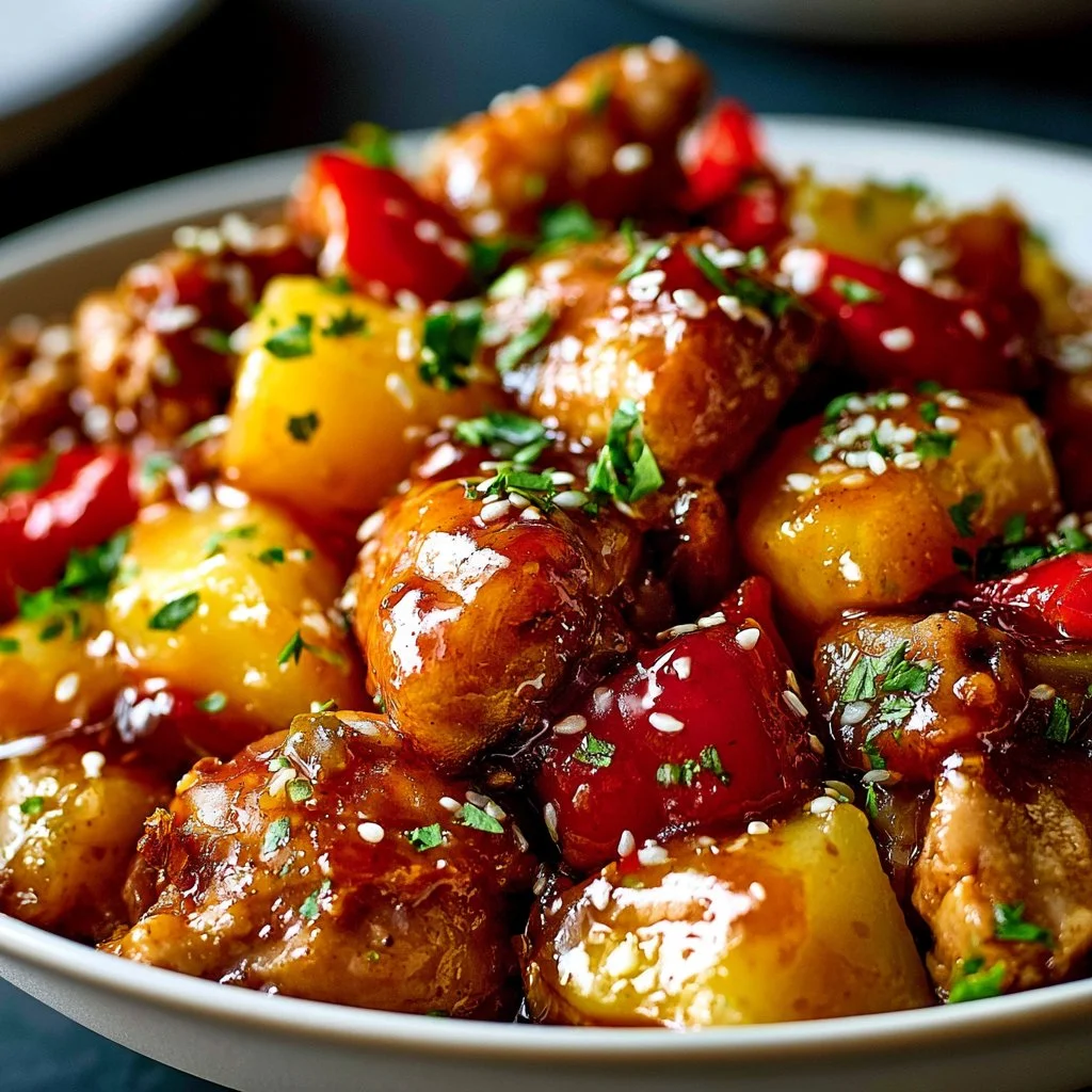 Delicious Sweet Hawaiian Crockpot Chicken served on a plate with garnishes.