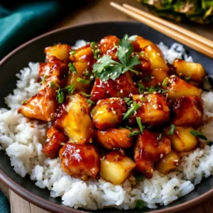 Delicious Sweet Sticky Pineapple Chicken served in a bowl