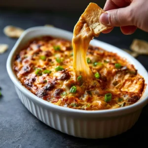 Bowl of the best buffalo chicken dip garnished with celery and tortilla chips