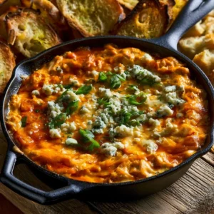 Rotisserie buffalo chicken dip served in a bowl with tortilla chips
