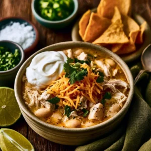 Delicious bowl of white chicken chili garnished with cilantro and lime.