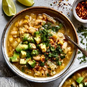 Bowl of White Bean Chicken Chili topped with fresh herbs