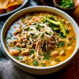 Bowl of creamy white chicken chili topped with cilantro and lime slices