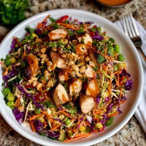 Bowl of vibrant Asian Chicken Crunch Salad with fresh ingredients and dressing