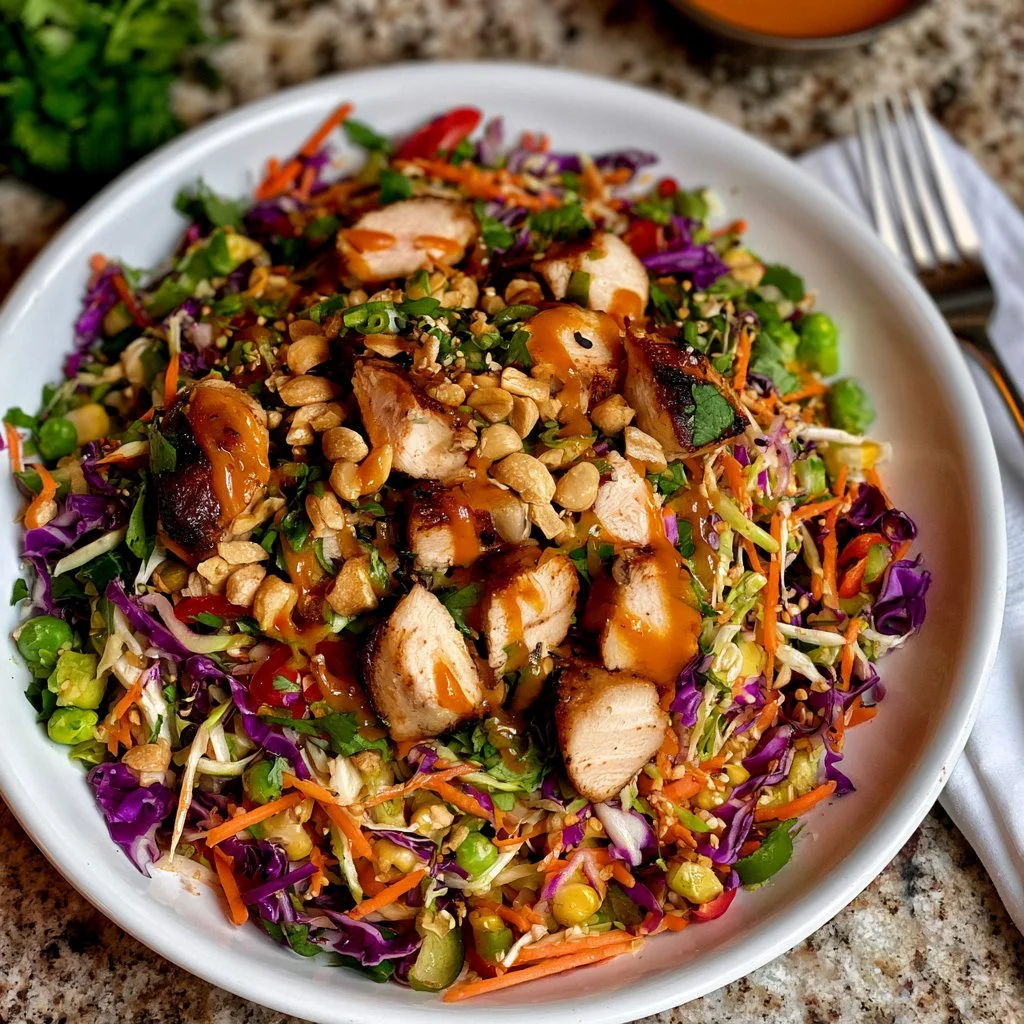 Bowl of vibrant Asian Chicken Crunch Salad with fresh ingredients and dressing