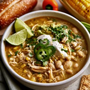 Creamy white chicken chili in a bowl with toppings