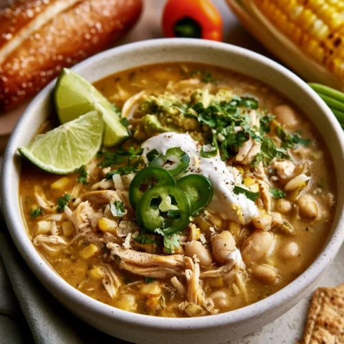 Creamy white chicken chili in a bowl with toppings