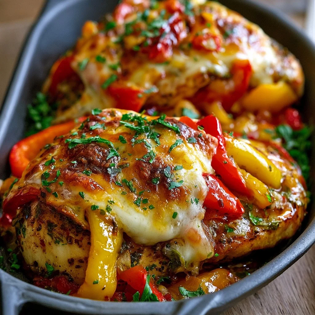 Cheesy baked chicken breast with colorful bell peppers in a dish