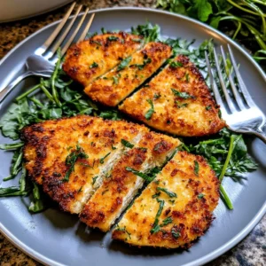 Crispy air fryer breaded chicken breast served on a plate with herbs.