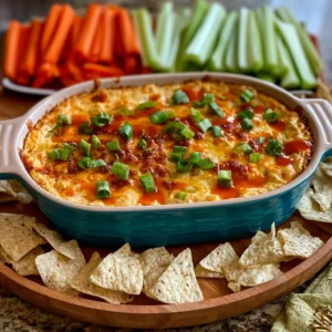 Delicious Easy Buffalo Chicken Dip served with tortilla chips