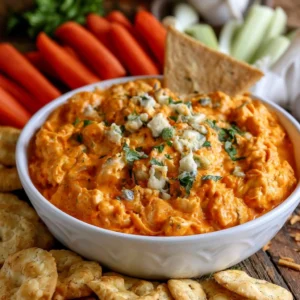 Delicious cold Buffalo Chicken Dip in a serving bowl with tortilla chips