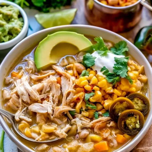 Bowl of easy white chicken chili garnished with cilantro and lime slices
