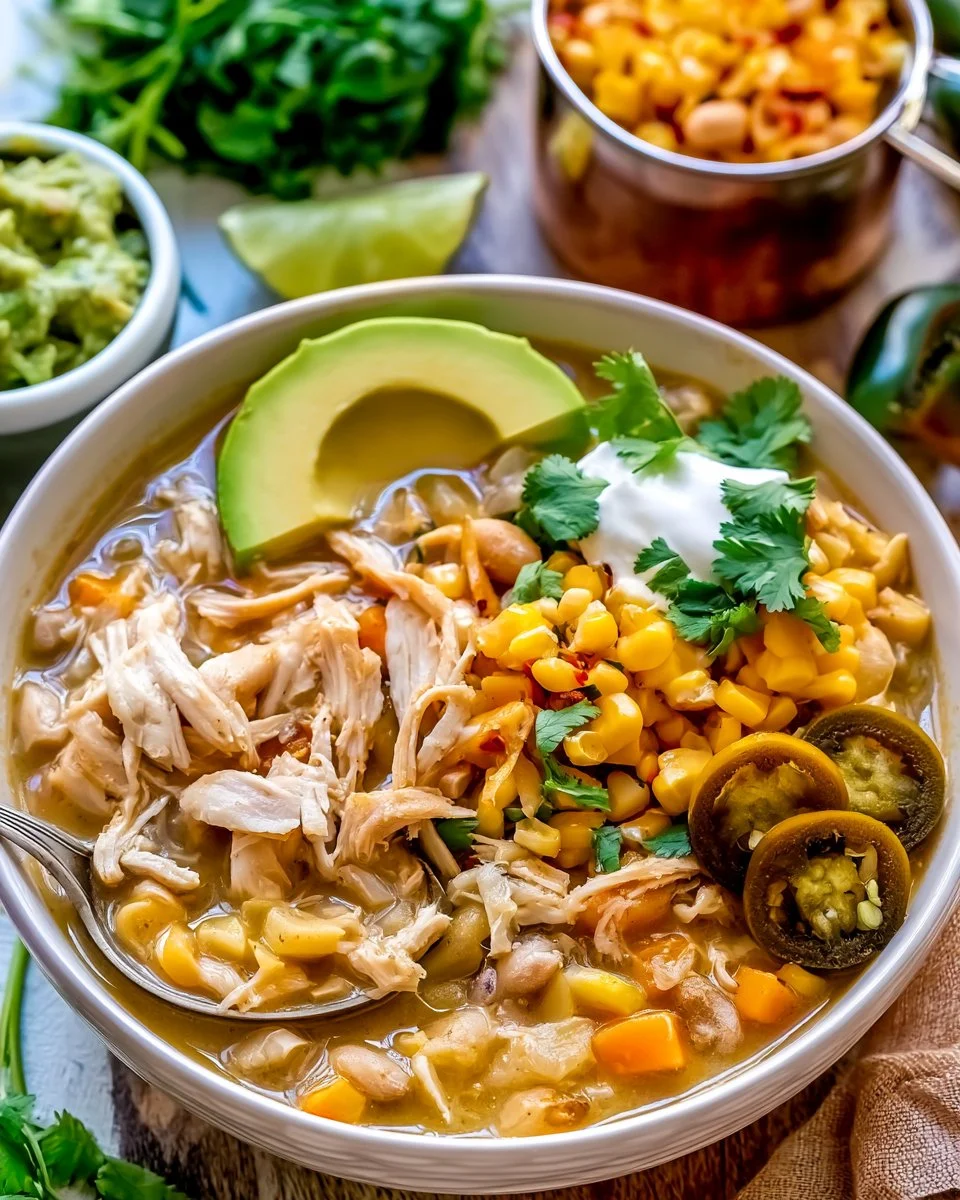 Bowl of easy white chicken chili garnished with cilantro and lime slices