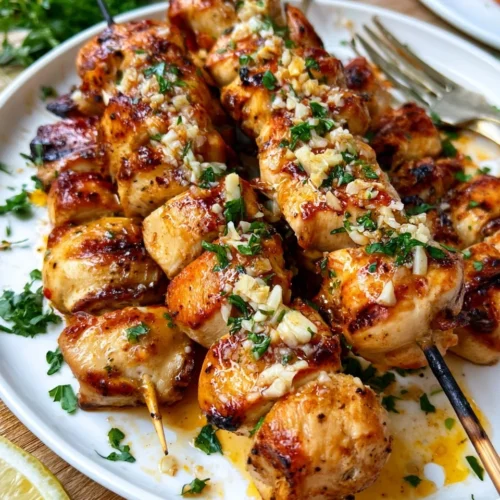 Garlic Parmesan Chicken Skewers on a plate garnished with herbs.