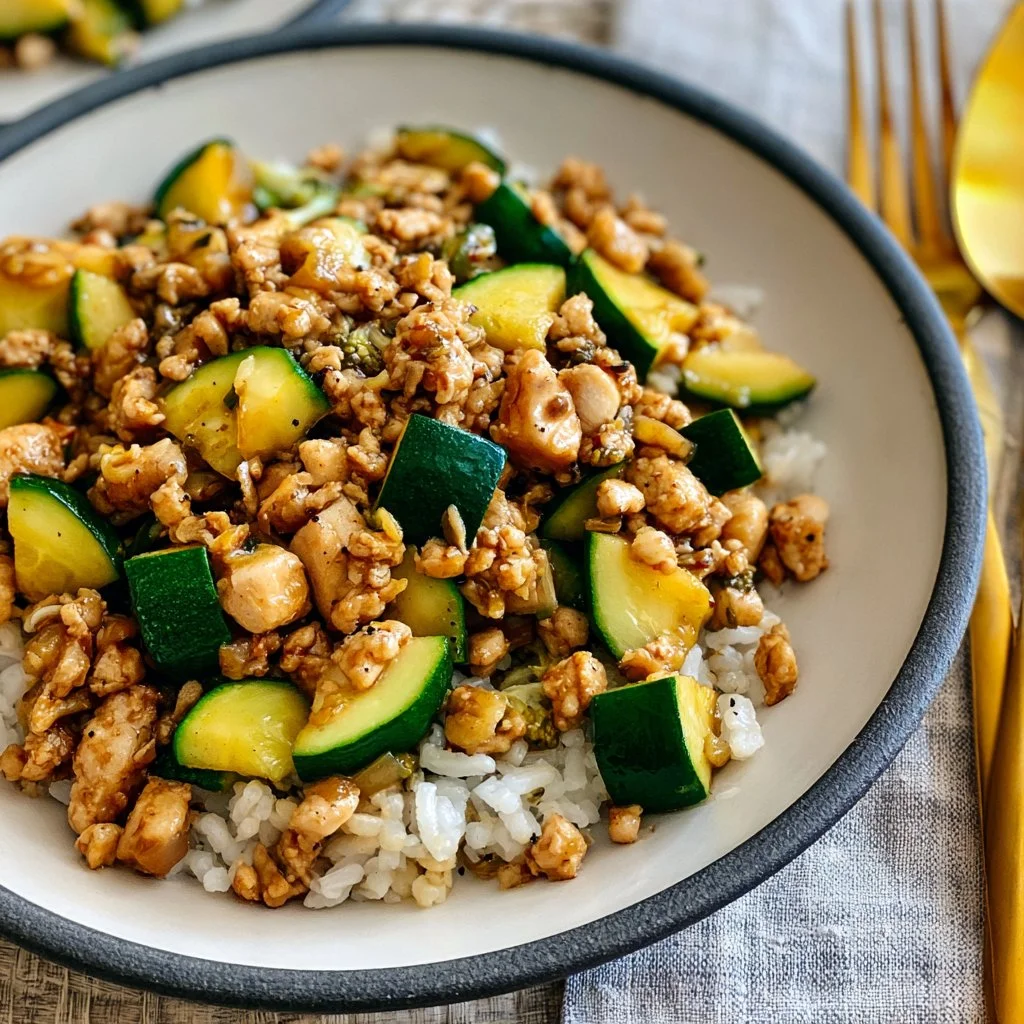 Healthy ground chicken and zucchini stir fry served in a bowl