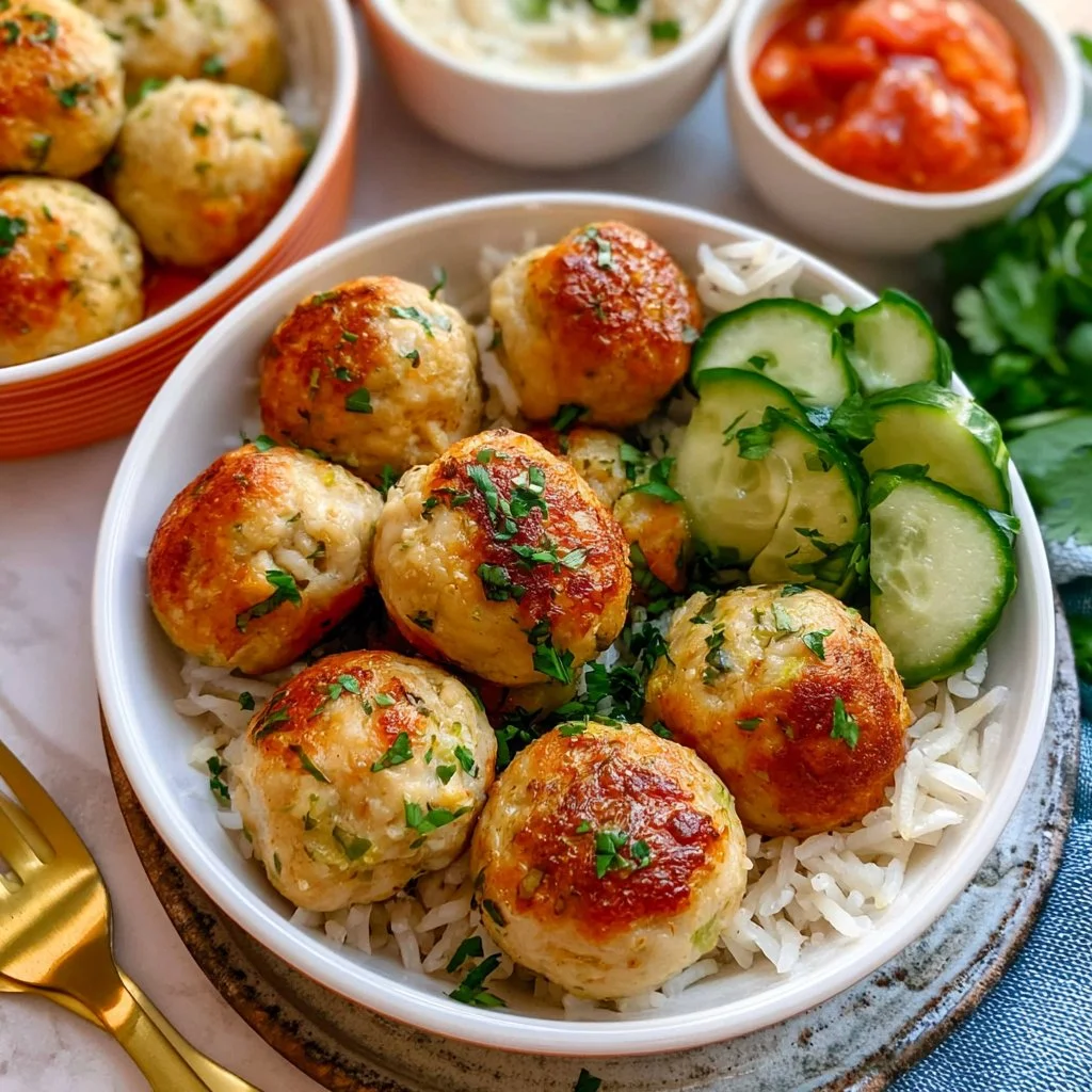 Healthy and easy chicken meatballs recipe on a plate with fresh herbs