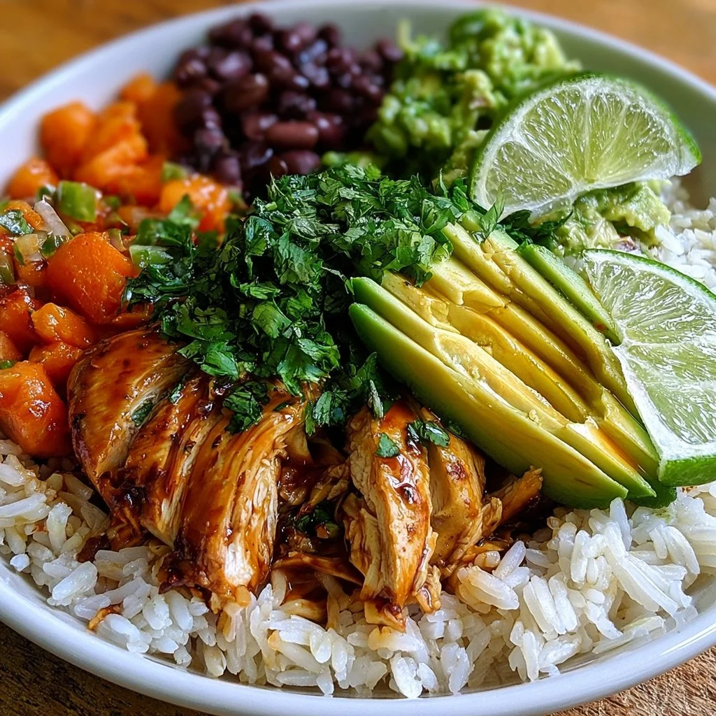 Delicious honey-lime cilantro chicken served in a rice bowl