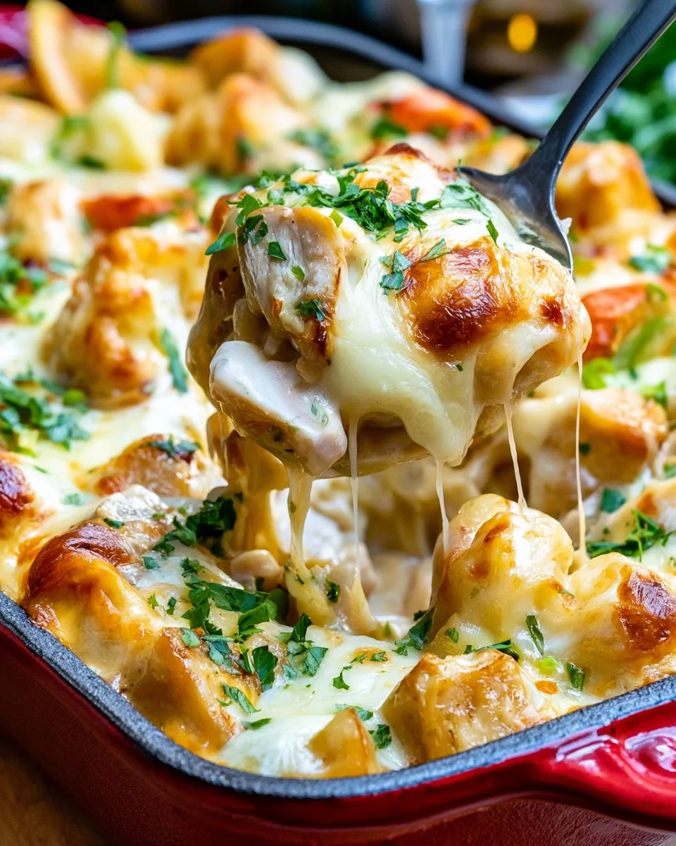 Creamy Keto Chicken Alfredo Casserole topped with cheese and herbs